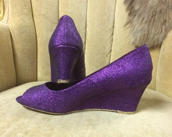 Purple wedge high heels. Purple and gold open toe wedge heels. Custom made to order shoes.