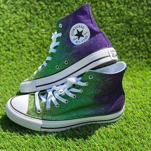 Converse all stars. Sparkly glitter Purple and green ombre. Mardi Gras.