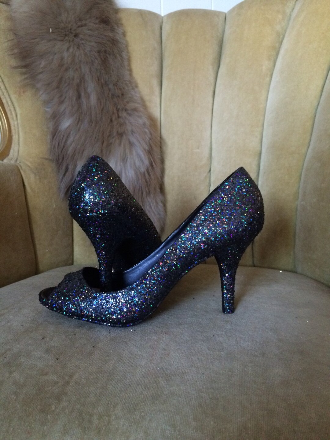 Black Glitter Open Toe High Heels. Holographic Black Glitter Pumps. Etsy