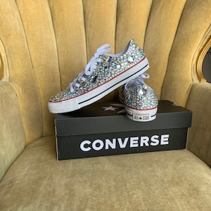Custom made to order. Sizes 5-12 White canvas crystal flats. Converse low tops.