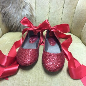 Red glitter lace up ballet flats. Custom made to order.