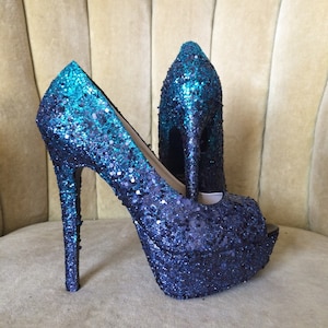 Glitter high heels. Ombre teal and dark navy blue.  Bridal shoes. Sizes 5.5-11