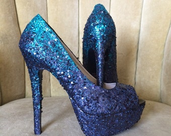 Made to order, Glitter high heels. Ombre teal and dark navy blue pumps.