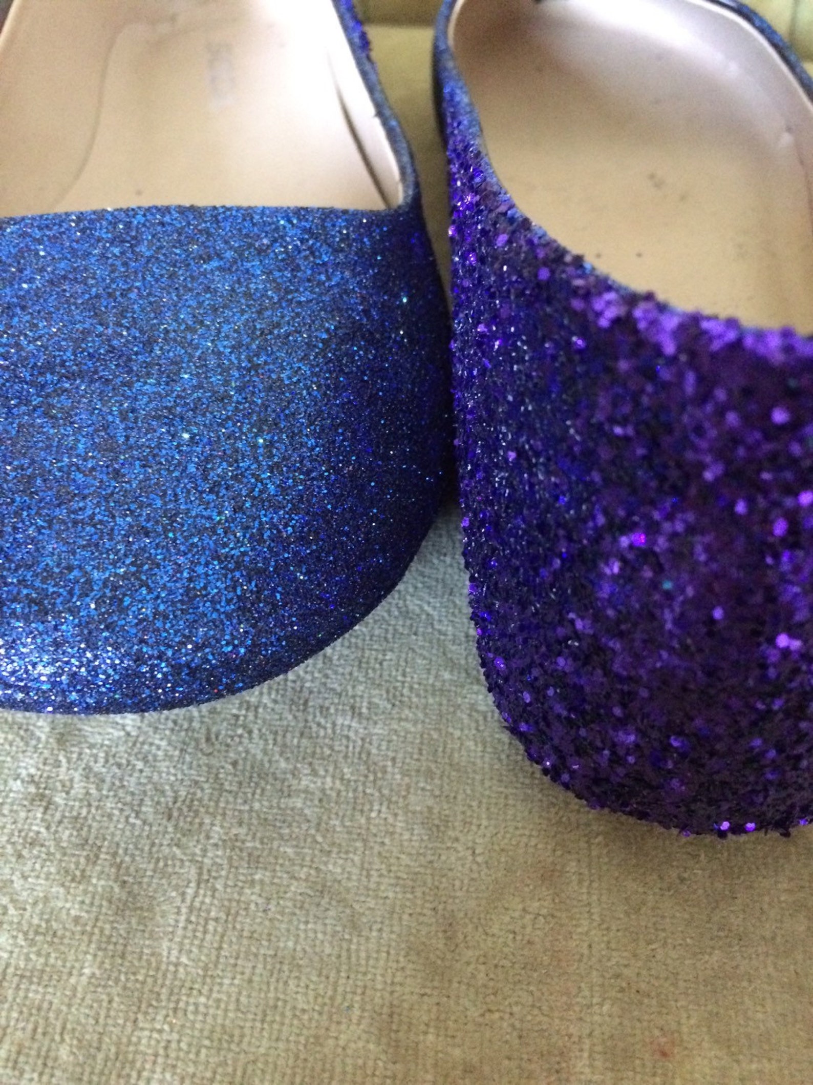 woman's custom made to order ballet flats. glitter flats. slip on shoes. navy blue, royal purple ombre design.