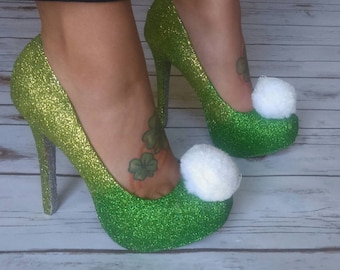 Custom made, green and silver ombre glitter high heels. Tinker bell inspired. fairy core.
