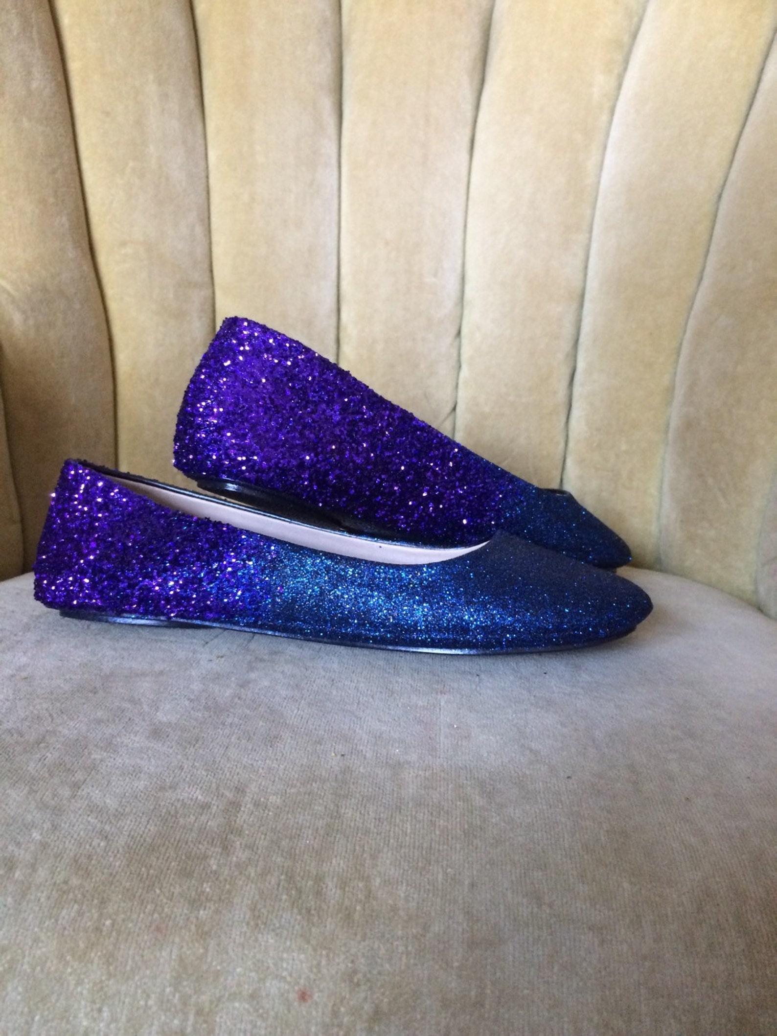 woman's custom made to order ballet flats. glitter flats. slip on shoes. navy blue, royal purple ombre design.