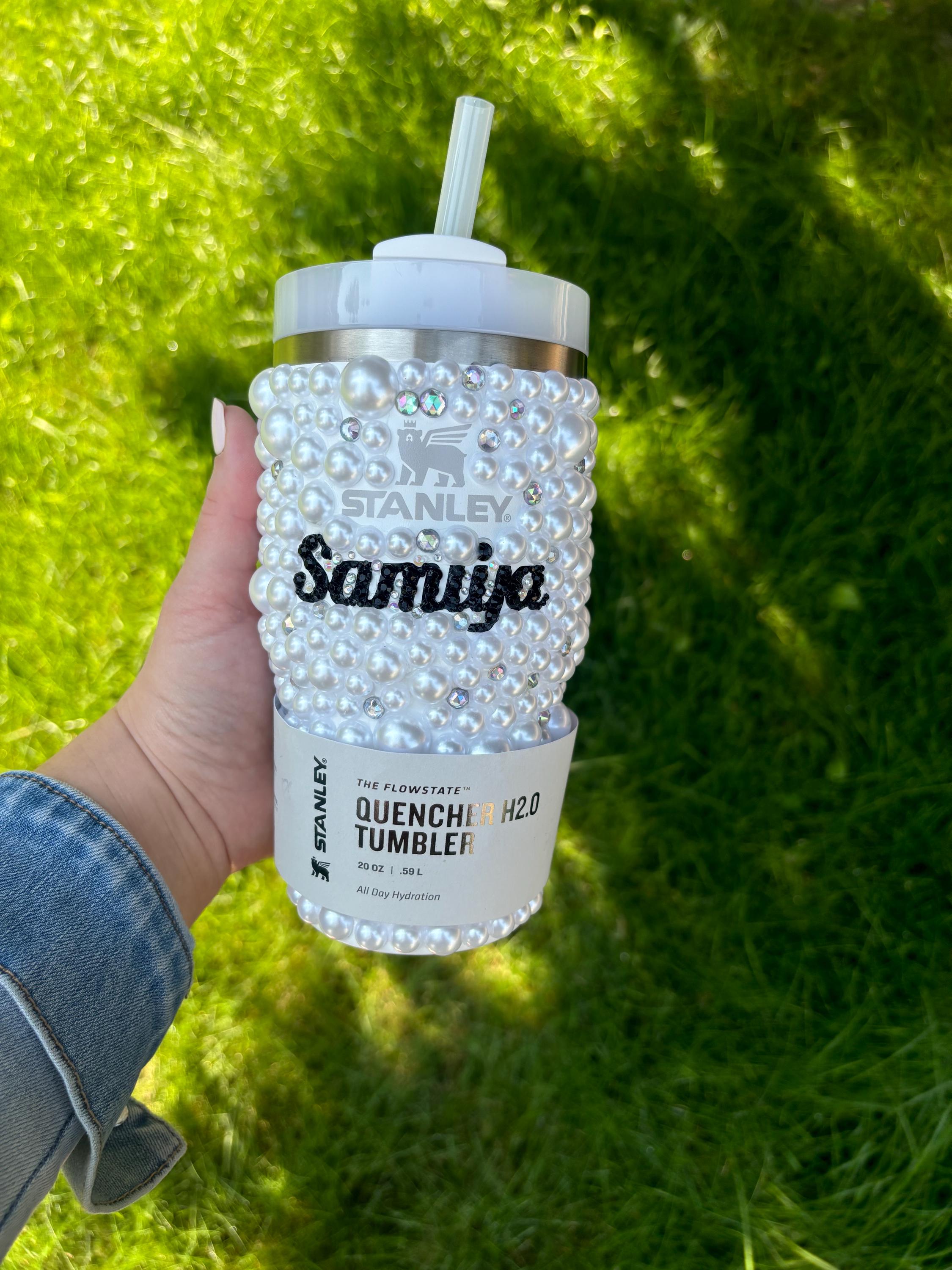 Custom personalized pearl and Rhinestone Stanley. Crystal insulated Stanley cup. Personalized Stanley. Quencher. Name. White Stanley. Frost.