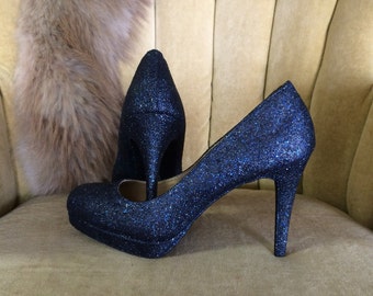 Navy blue glitter high heels. Custom made to order.