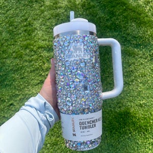 Clear rhinestone Stanley quencher. White crystal tumbler.