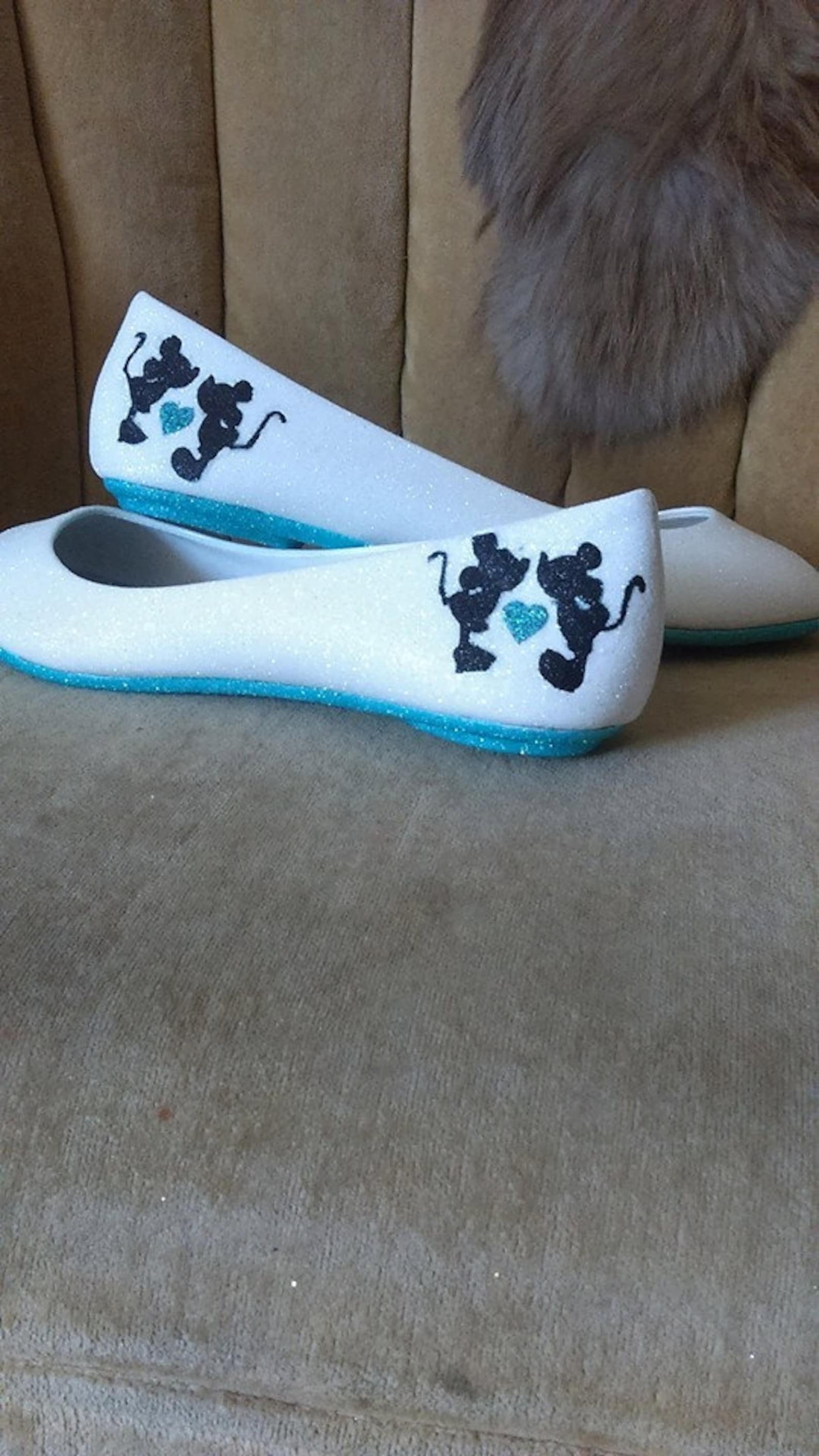 custom made to order, minnie and mickey mouse fan art flats. ballet flats. blue and white