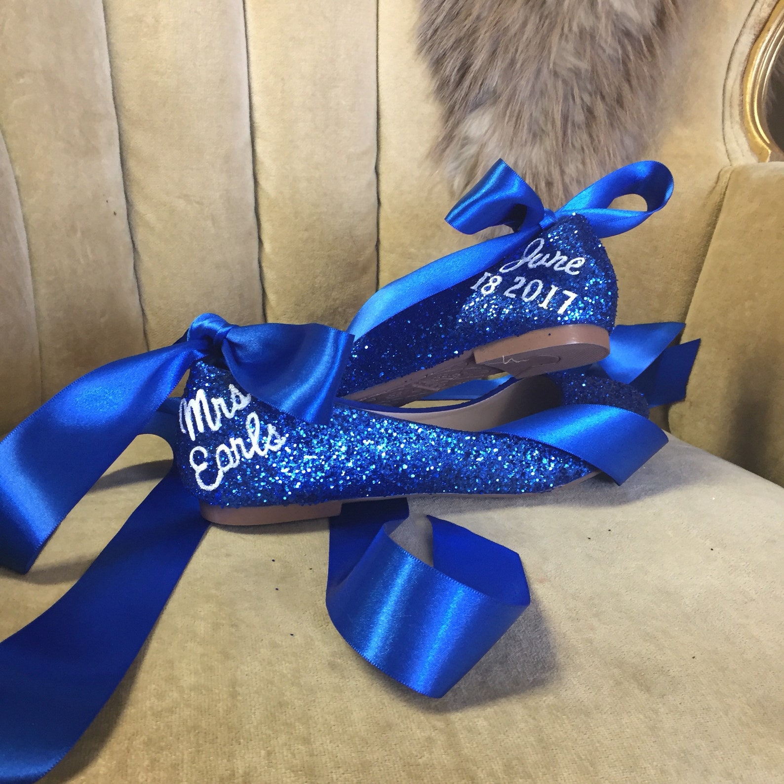 personalized, blue glitter lace up ballet flats with name and wedding date. custom made to order. women's us sizes 5-12