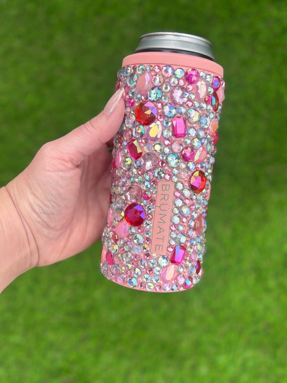 Custom Pink Rhinestone Brumate Can Cooler: Crystal Slim Can Koozie
