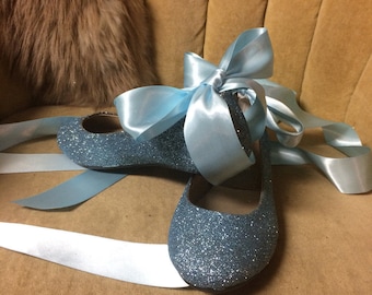 Blue glitter lace up ballet flats. Custom made to order. Women's sizes only.