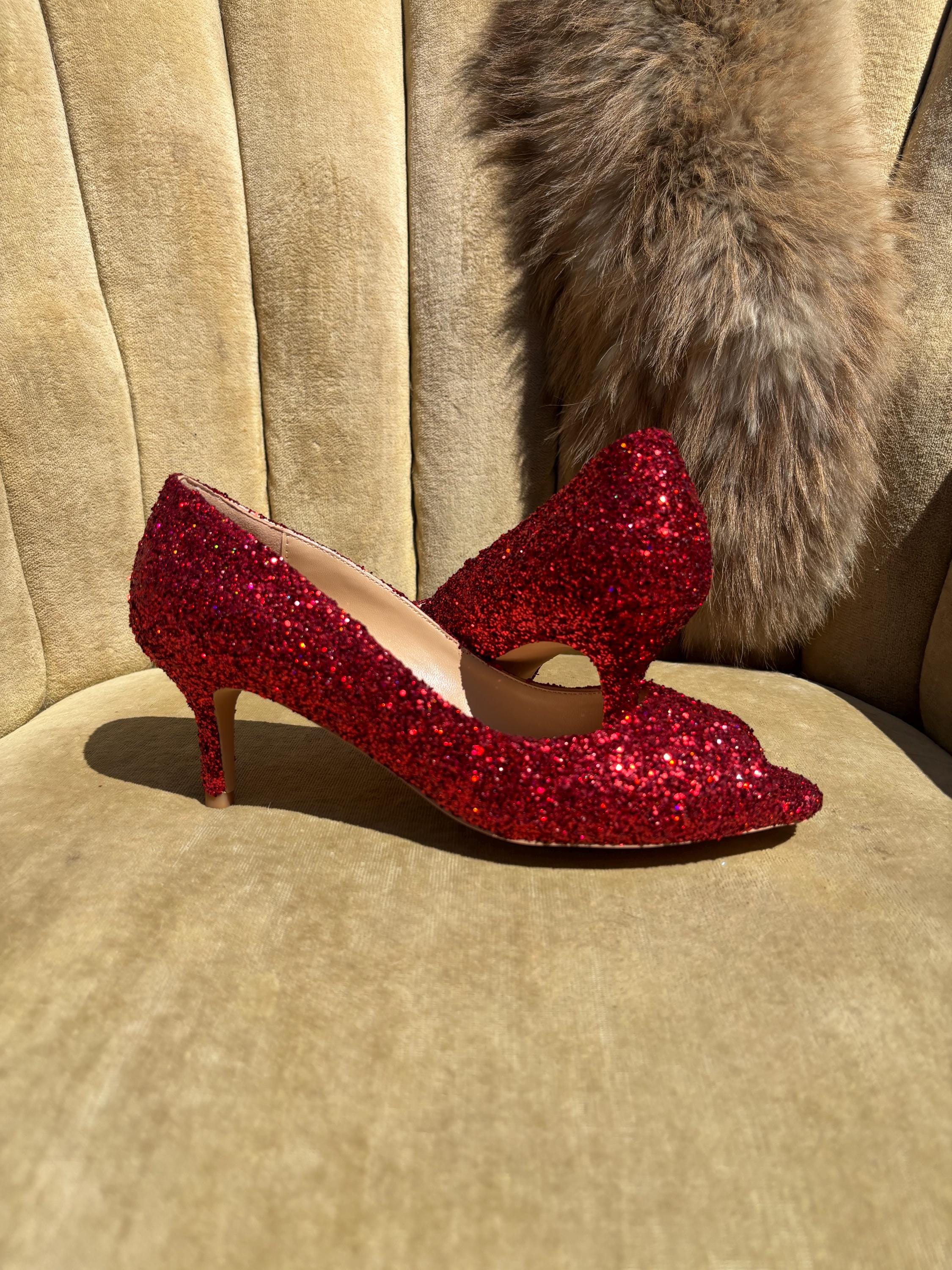 Ruby Red Glitter High Heels: Custom Open-Toe Pumps Italia