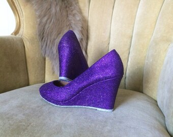 Purple wedge high heels. Purple and silver wedge heels. Custom made to order shoes.