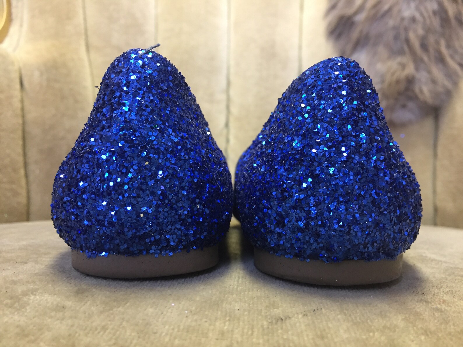 women's custom made to order blue glitter ballet flats. pointed toe ballet flats. glitter flats. slip on shoes