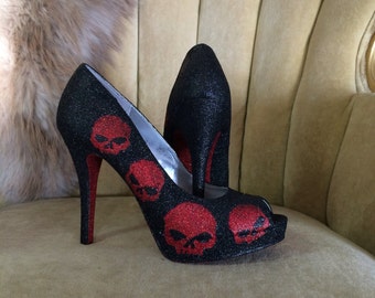 Custom Black Red Skull Glitter High Heels, Alternative Gothic Stilettos