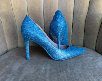 Custom Blue Glitter Pointed Heels: Bridal Pumps, Sizes 5.5-11
