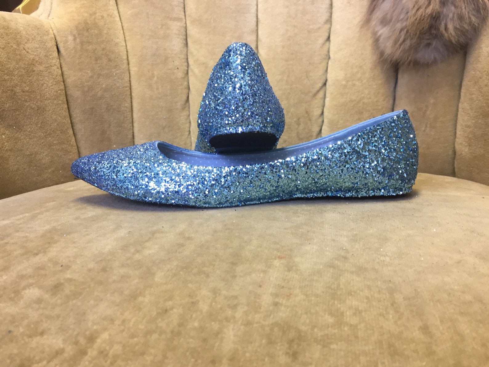 woman's custom made to order light blue glitter ballet flats. pointed toe ballet flats. glitter flats. slip on shoes