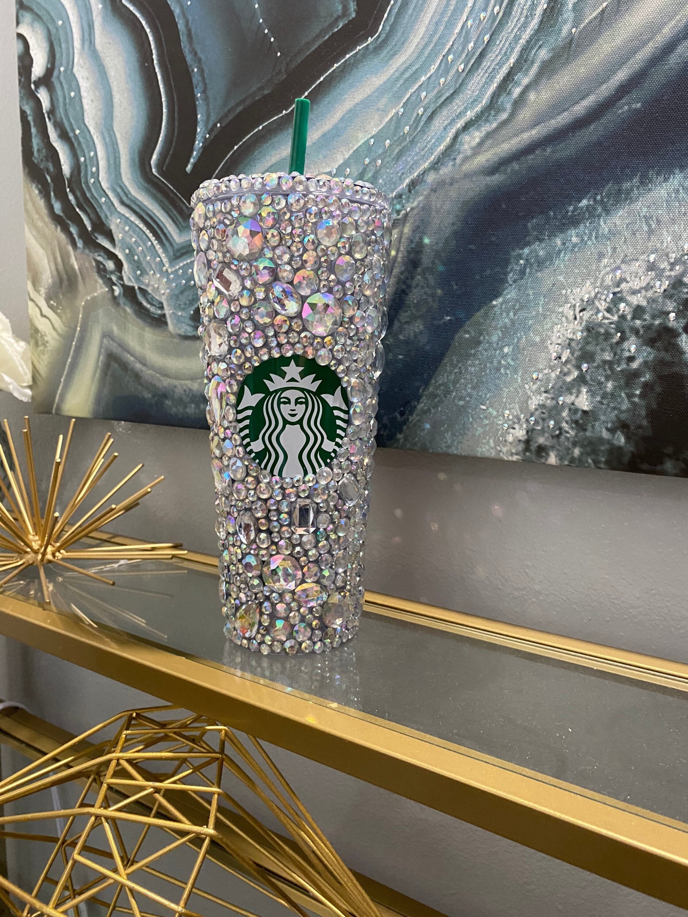 Starbucks China 591Ml Double Wall Glass Cup Straw Tumbler Gold Glitter  Sequins