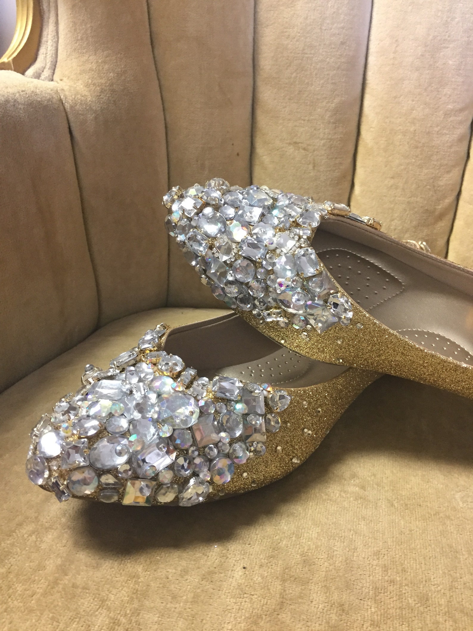 custom made to order, crystal ballet flats with gold glitter base. wedding flats brides maids flats.