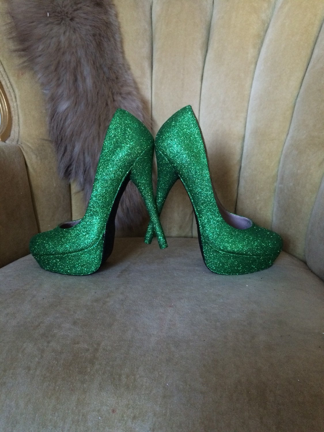 Custom Shamrock Green Glitter High Heels: Bridal Shoes