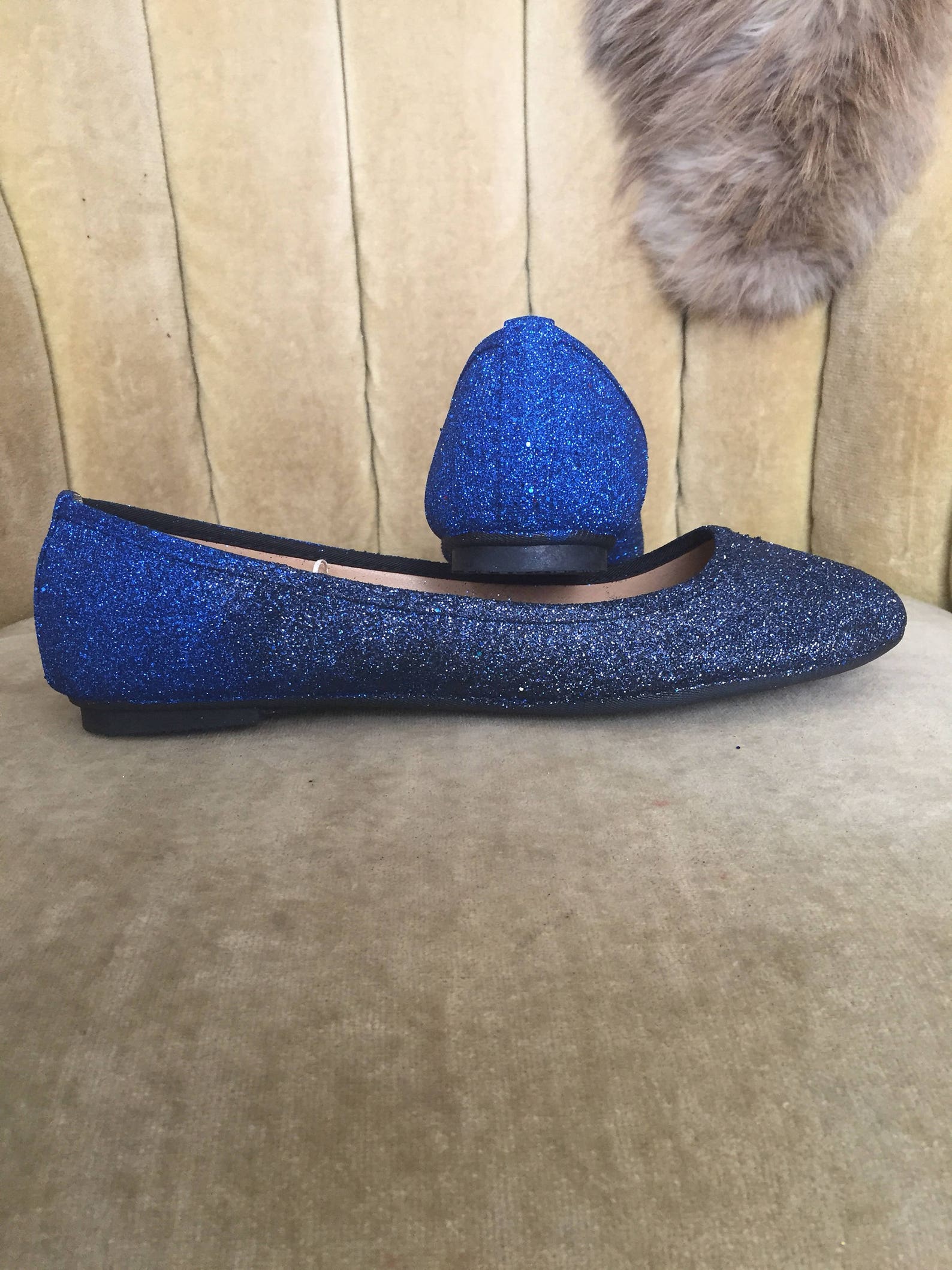 women's custom made to order cobalt blue and navy blue ombre glitter ballet flats. glitter flats. slip on shoes