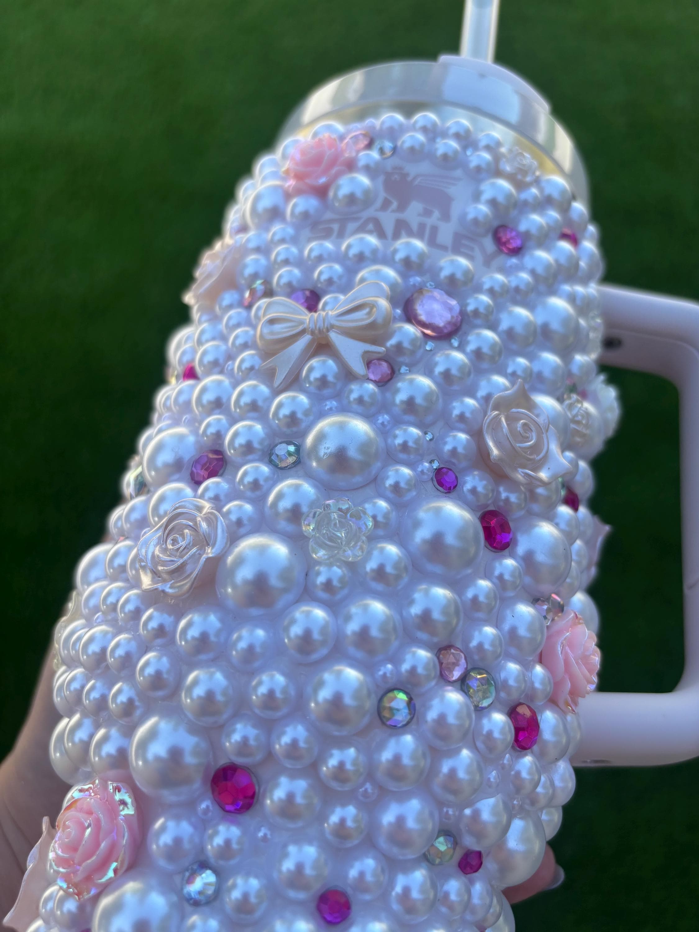 Pink and White Pearl Stanley Tumbler. Bedazzled With Bows, Crystals and ...
