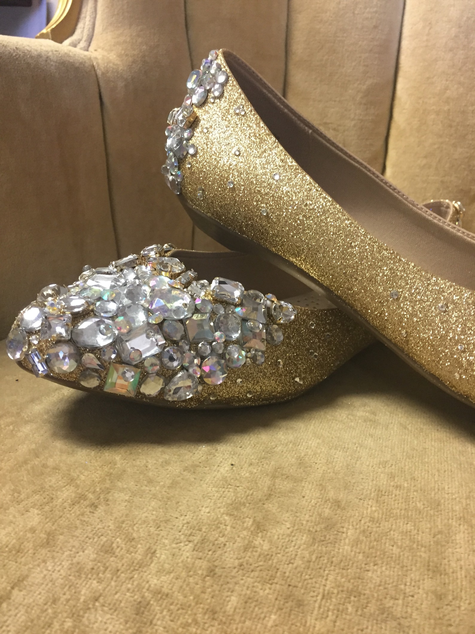 custom made to order, crystal ballet flats with gold glitter base. wedding flats brides maids flats.