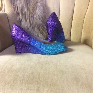 Glitter wedge high heels. Ombre purple, dark blue and teal  Bridal shoes
