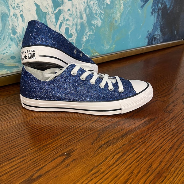 Authentic converse all stars in navy blue glitter. Custom made to order in any color high top or low top chucks.
