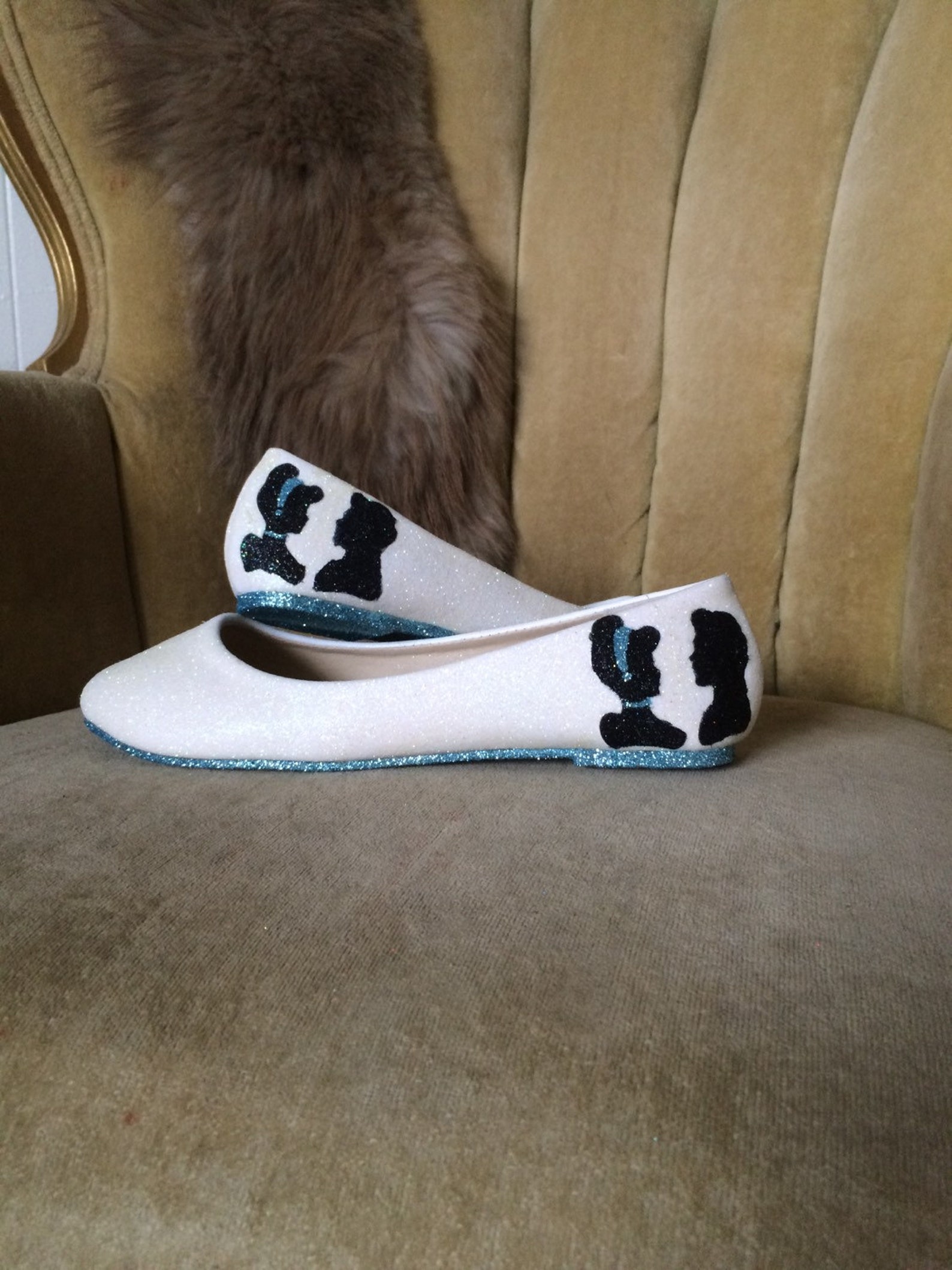 custom made to order cinderella ballet flats, fan art. ballet flats. blue and white