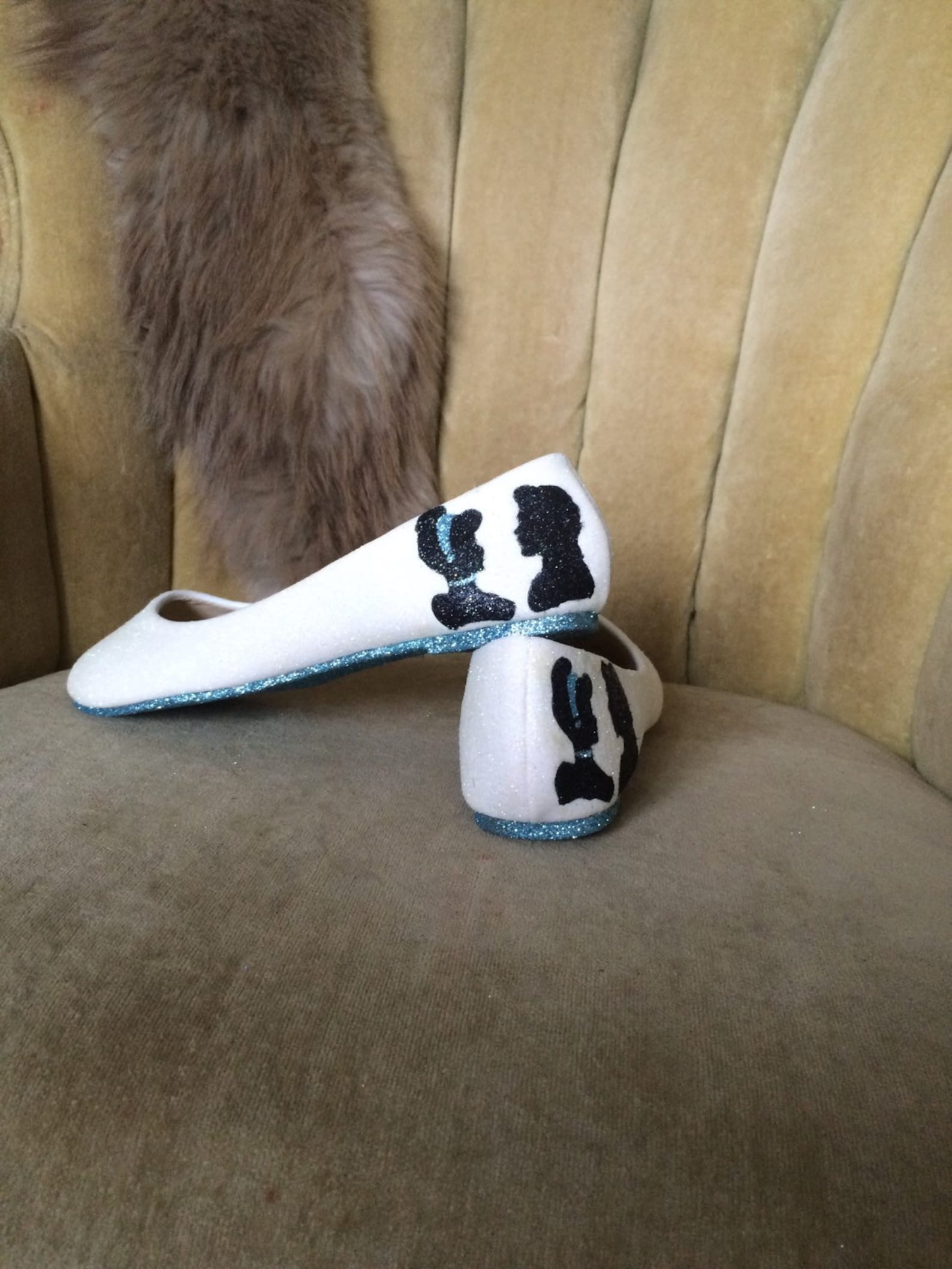 custom made to order cinderella ballet flats, fan art. ballet flats. blue and white