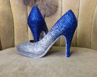 Custom ombre high heels in royal blue and platinum silver glitter.