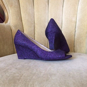Purple wedge high heels. Purple open toe wedge heels. Custom made to order shoes.