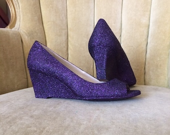 Purple wedge high heels. Purple open toe wedge heels. Custom made to order shoes.