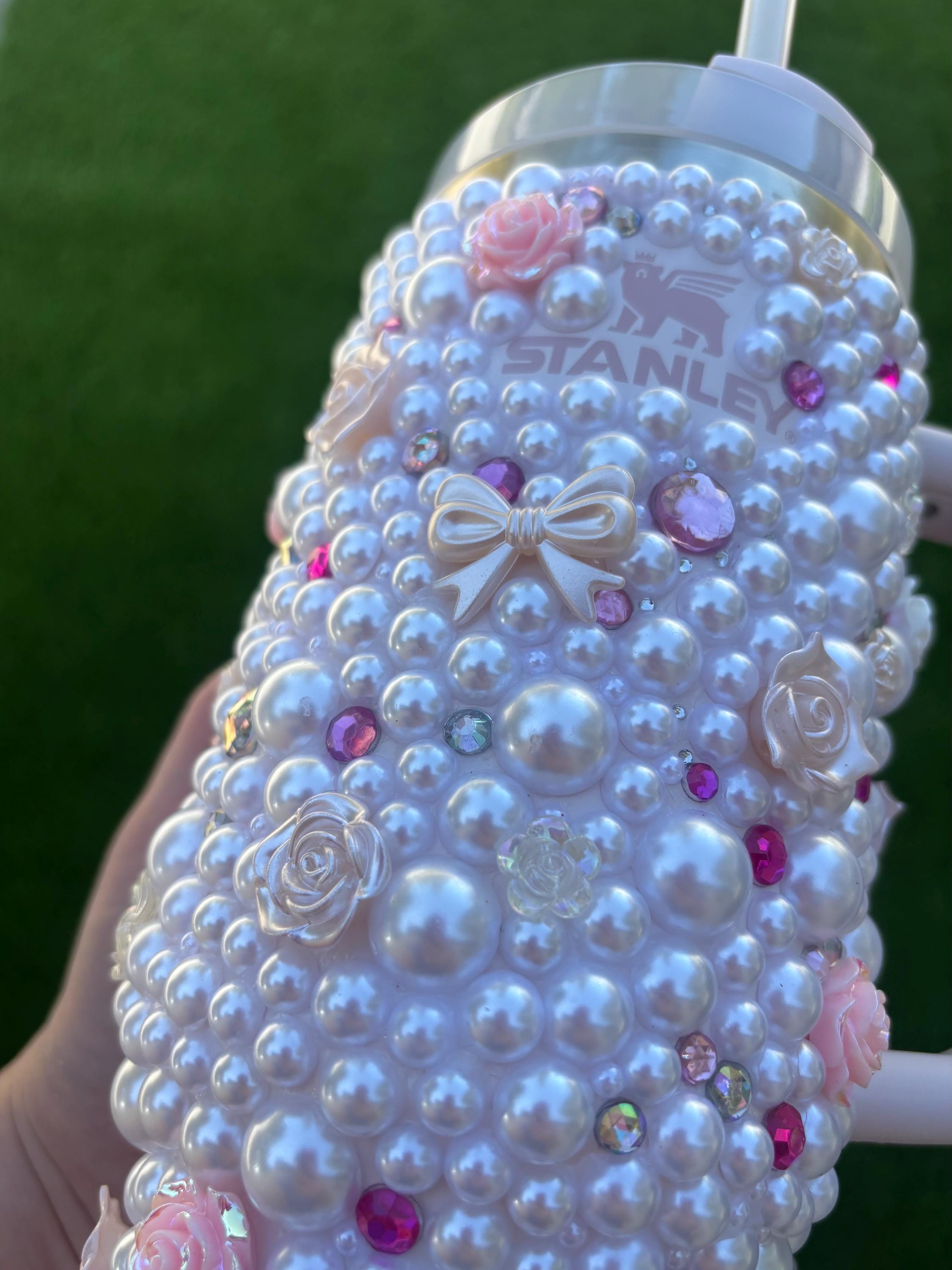 Pink and White Pearl Stanley Tumbler. Bedazzled With Bows, Crystals and ...
