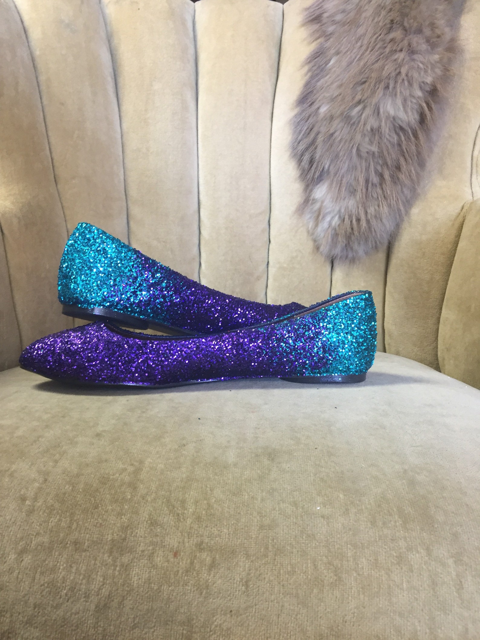 woman's custom made to order ballet flats. glitter flats. slip on shoes. teal to royal purple ombre design.