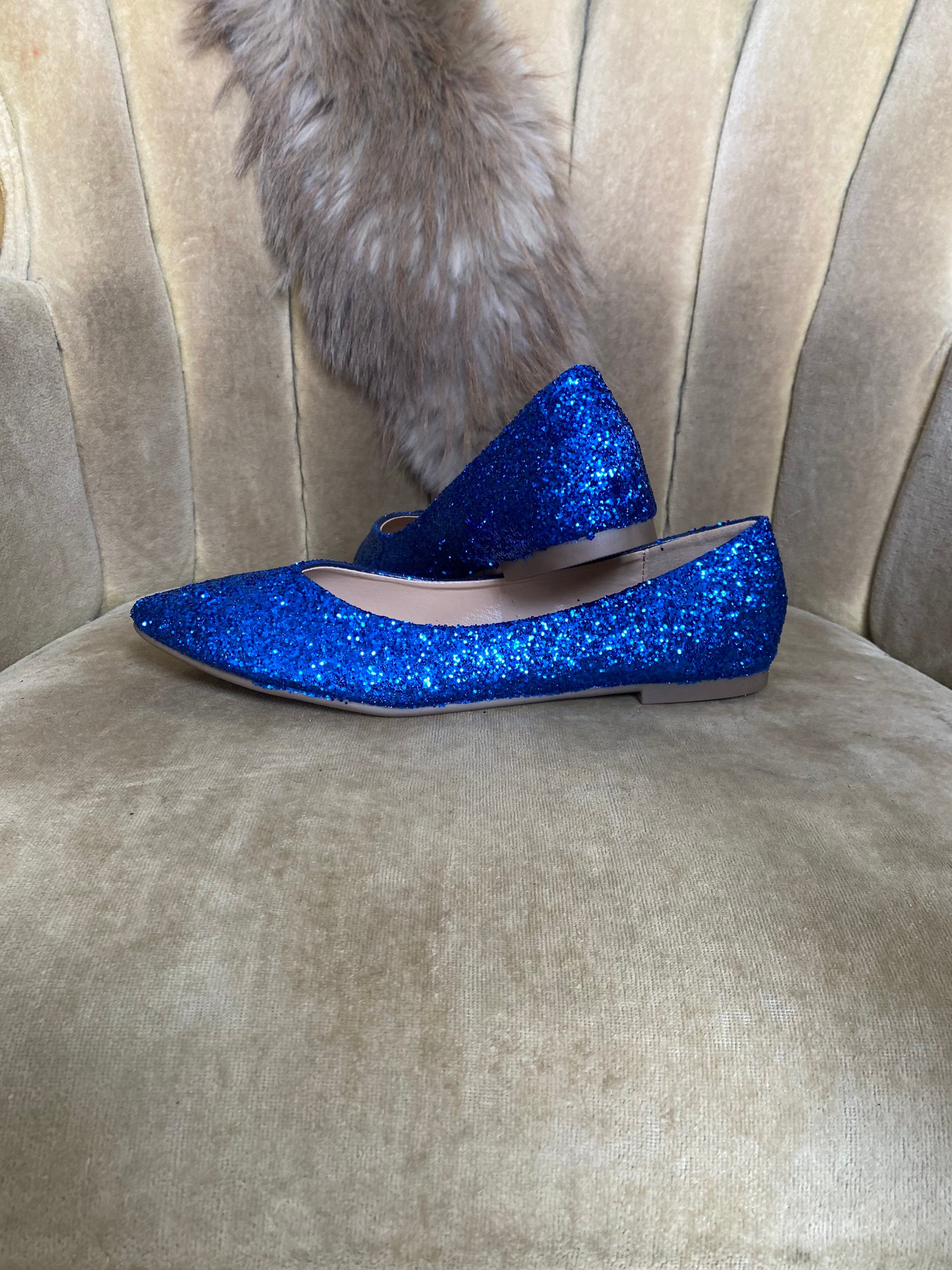 Blue glitter flat shoes deals