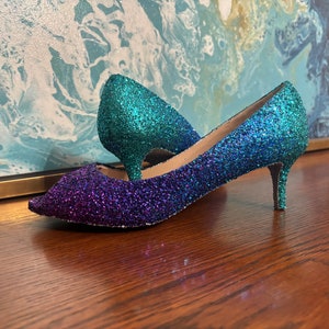 Glitter high heels. Ombre purple, dark blue and teal  custom high heels. Bridal shoes.