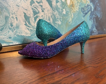 Glitter high heels. Ombre purple, dark blue and teal  custom high heels. Bridal shoes.