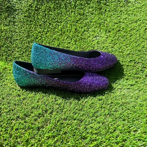 Custom purple ombre ballet flats. Teal and purple glitter flats. Slip on shoes. Teal to royal purple ombre flats