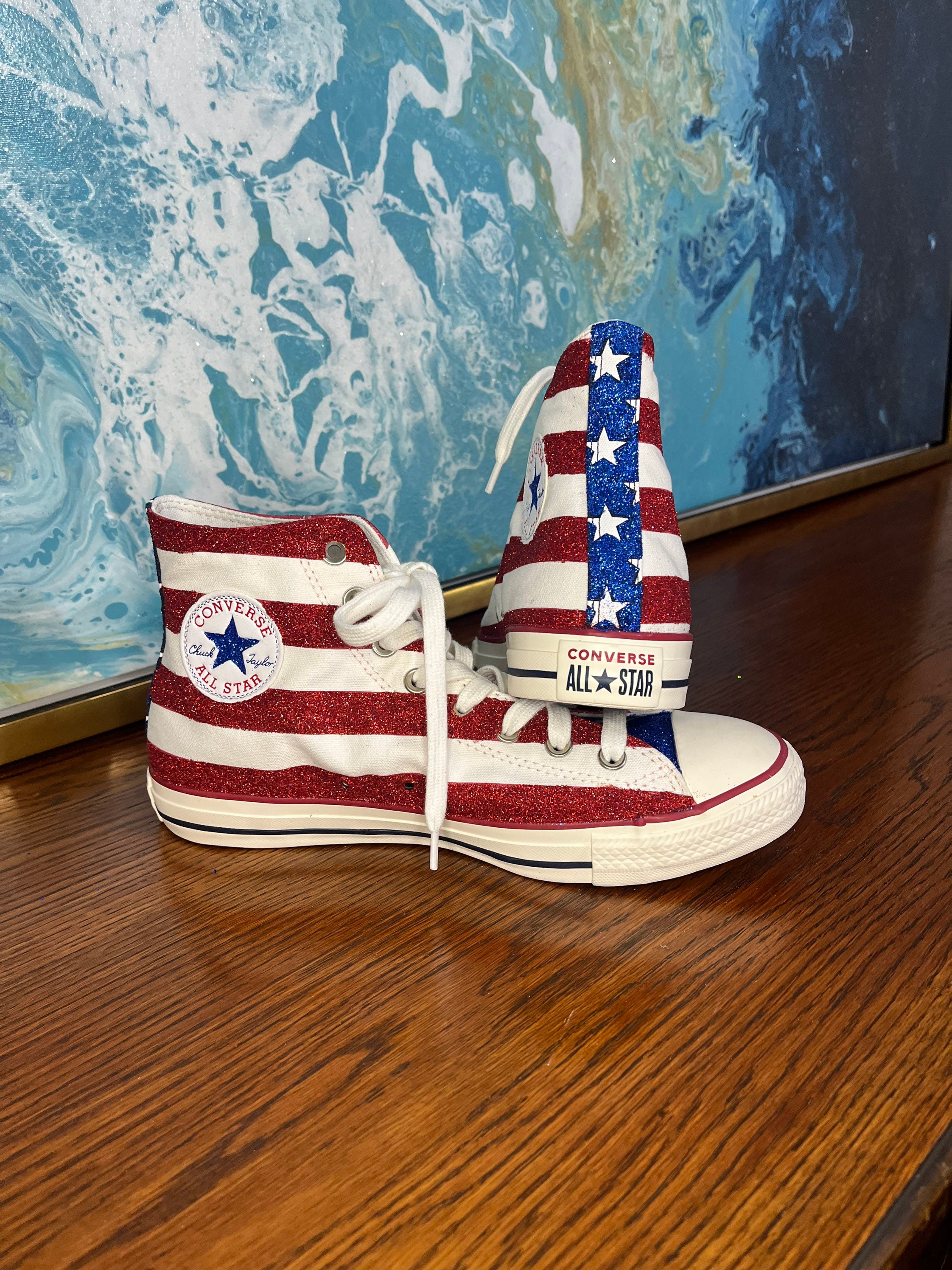 American Flag Black Converse High Top Chuck Taylor Shoes Made In USA