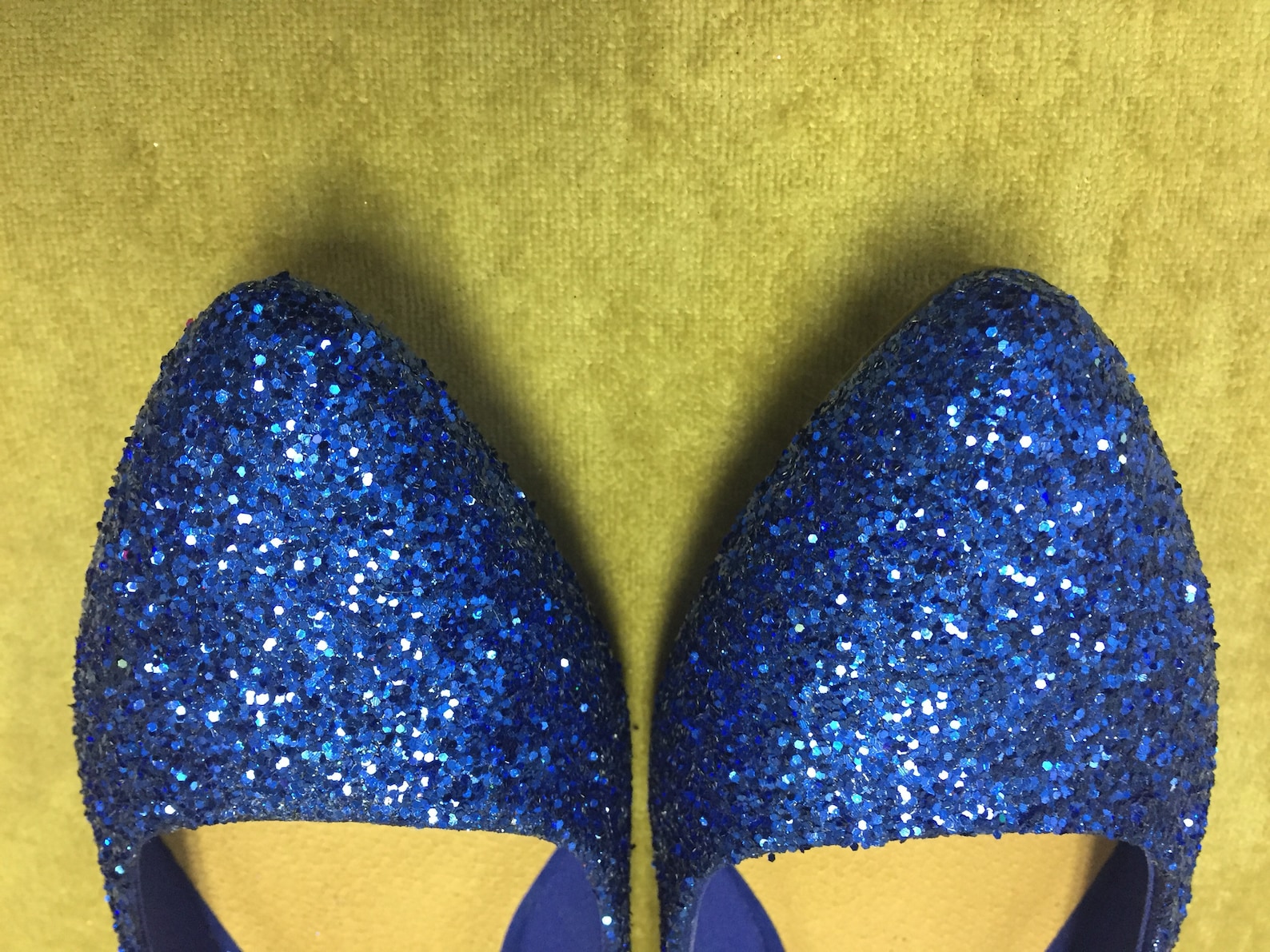 women's custom made to order blue glitter ballet flats. pointed toe ballet flats. glitter flats. slip on shoes