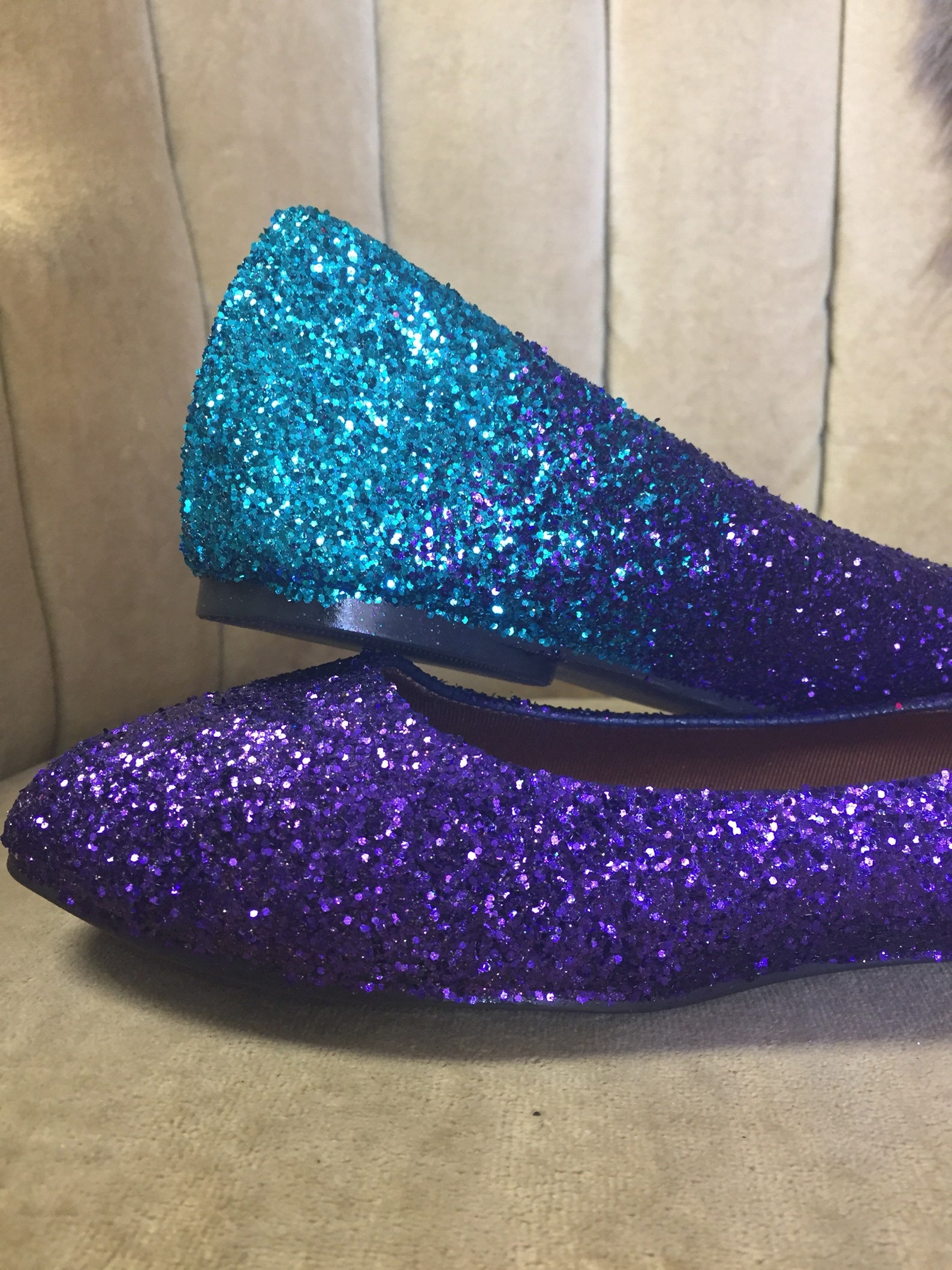 woman's custom made to order ballet flats. glitter flats. slip on shoes. teal to royal purple ombre design.