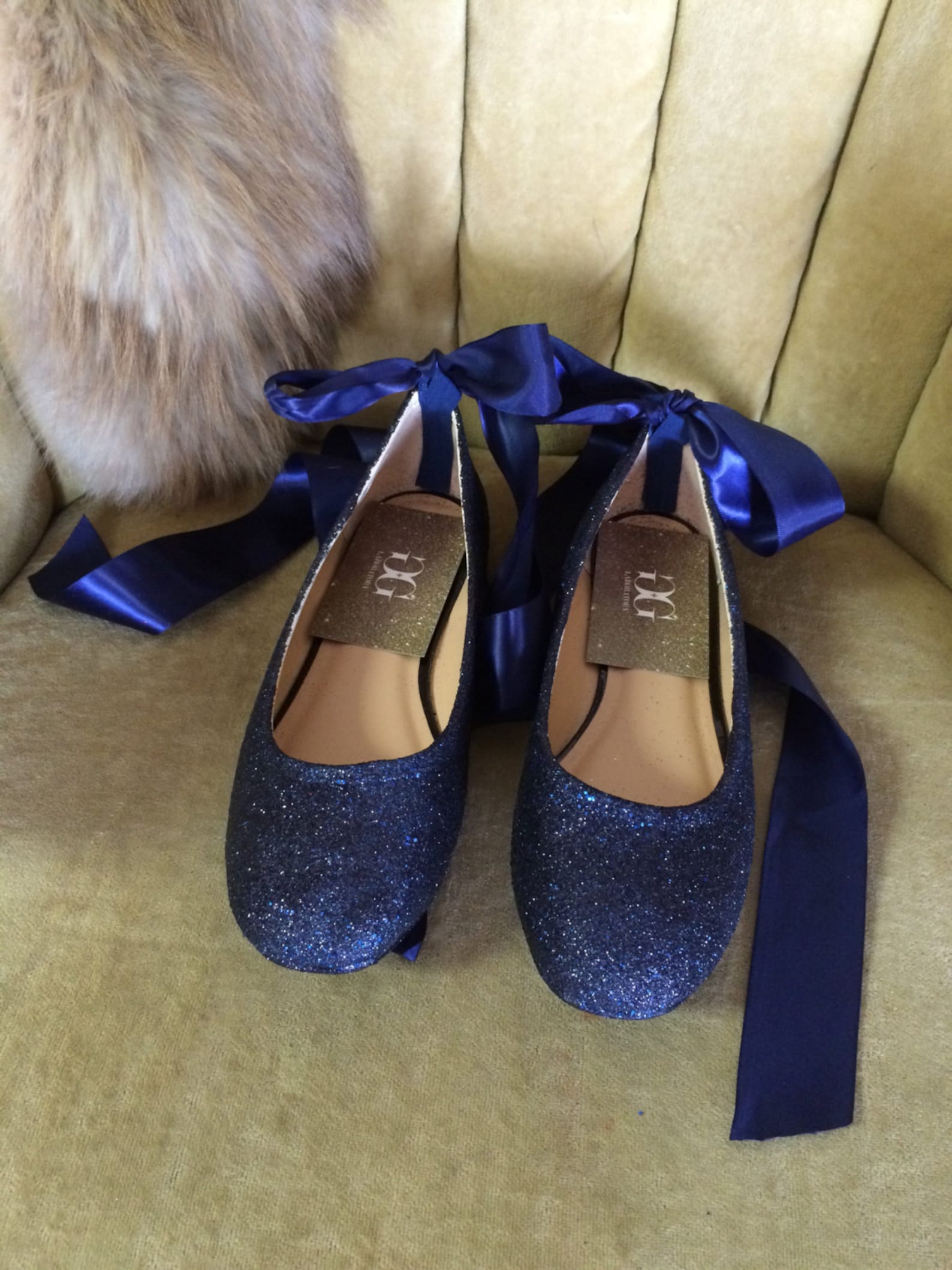 blue glitter lace up ballet flats. custom made to order. women's sizes only.