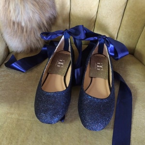 Blue glitter lace up ballet flats. Custom made to order. Women's sizes only.