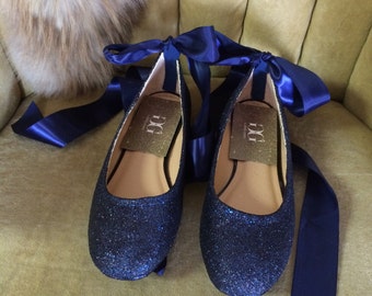 Blue glitter lace up ballet flats. Custom made to order. Women's sizes only.