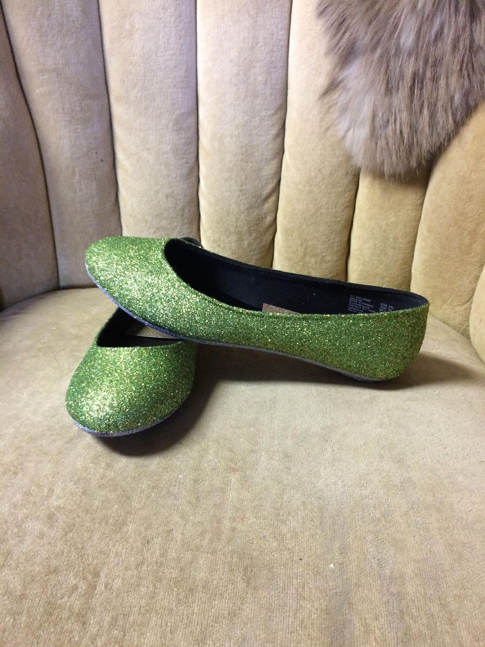 women's custom made to order light green glitter ballet flats. glitter flats. slip on shoes