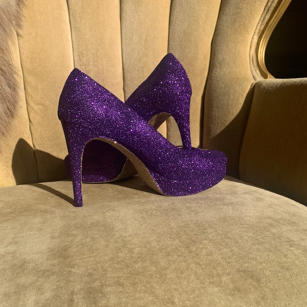 Custom made, Purple and gold glitter high heels.